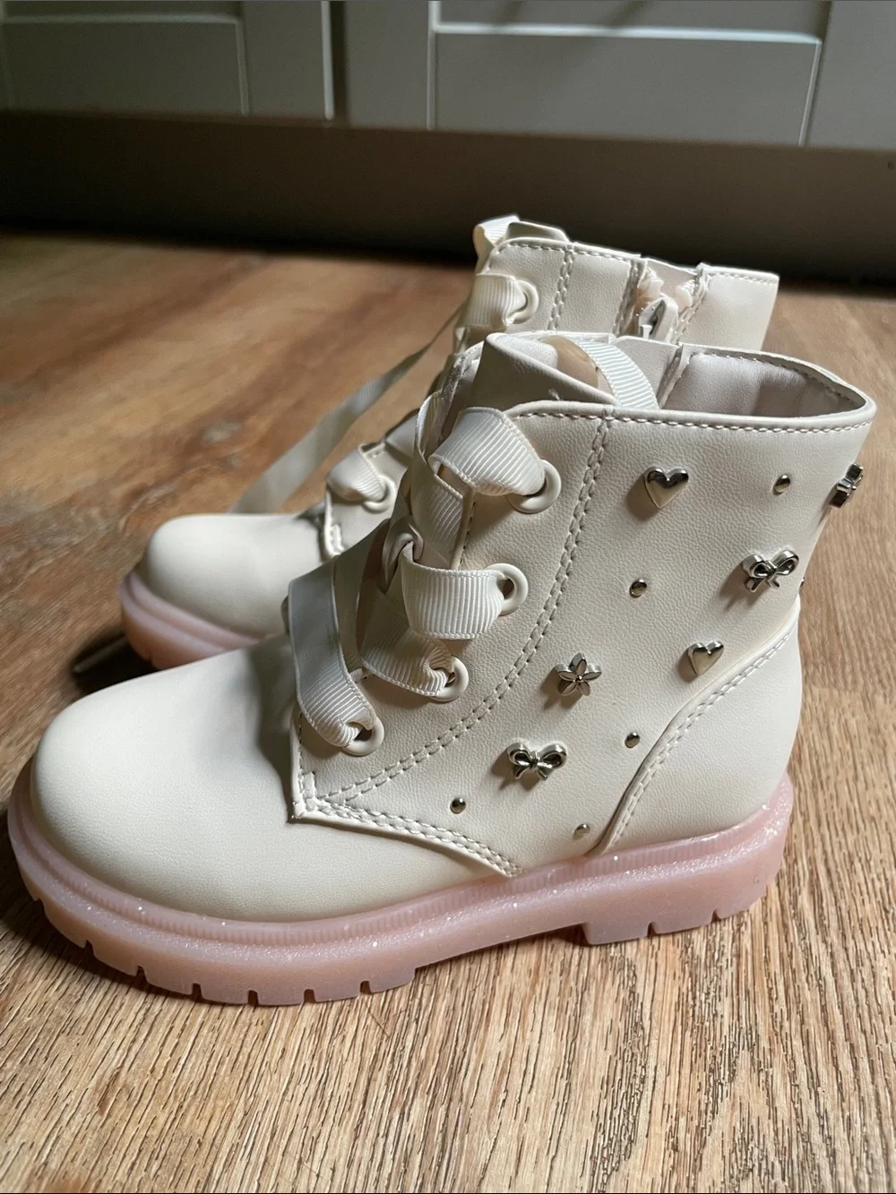 Cat & Jack Cream Lace-Up Kids Ankle Boots with Pink Sole